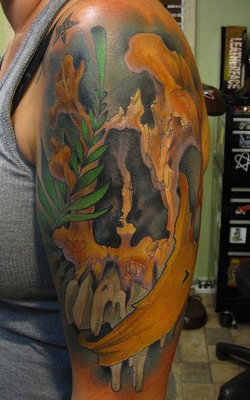 half sleeve tattoos with cross. color half sleeve tattoo