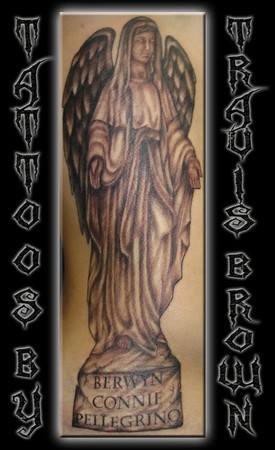 Looking for unique Travis Brown Tattoos black and grey cemetery statue