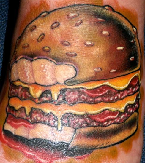 Comments i did this tattoo of a double cheese burger on a friends foot at 