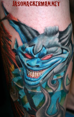 Comments this a spawn related tattoo its the clown from the comic i am