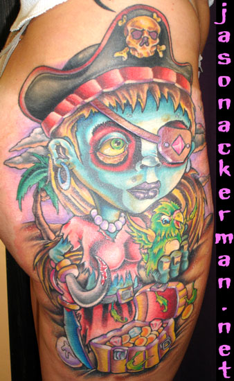 Comments this a tattoo of a little zombie girl with a parrot the girl sat