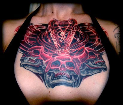 Comments: atomic fire skulls color chest tattoo. Mike Cole - atomic skulls