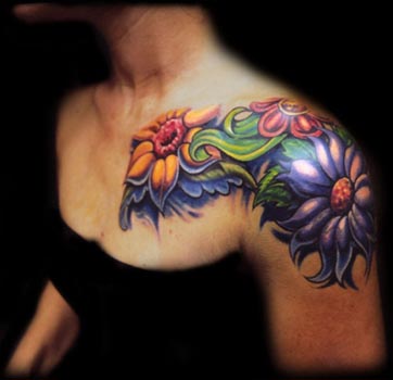 Comments: color flower chest shoulder tattoo