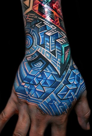 black and blue tattoo with 2 hands -Tom Andrew