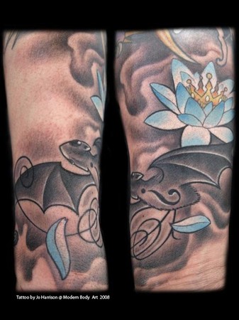 Modern Body Art Birmingham. Bat with Question mark and Lotus with Petals