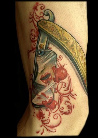 Straight Razor with Filigree Blood and Reflected face