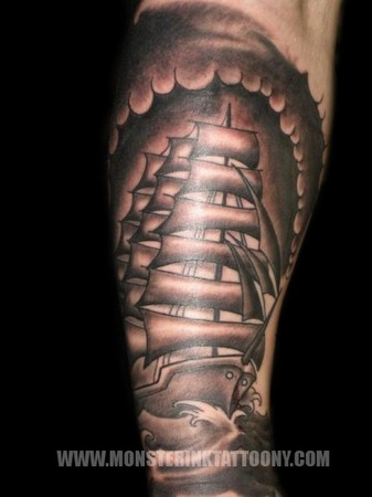 Black and Grey Sailboat done based off of Sailor Jerry flash