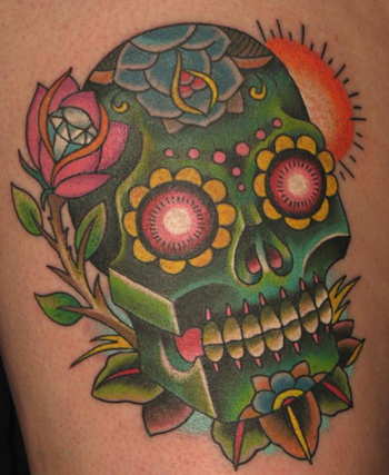 This gorgeous Sugar Skull tattoo flash combines warm colored flowers with a