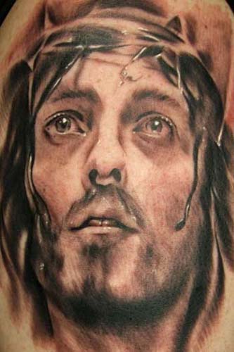 Comments Jesus Christ portrait realistic black and gray tattoo