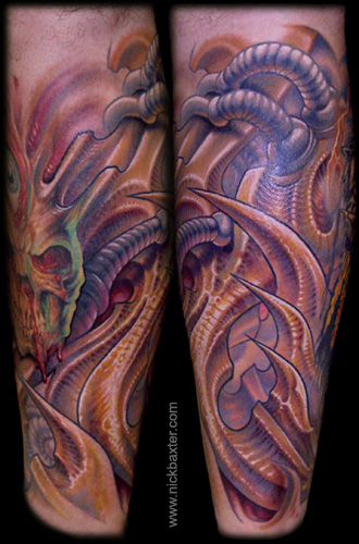 lower leg tattoos. 3/4 around a lower leg at