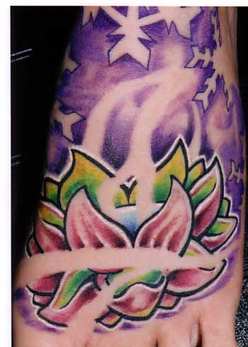 Tattoos Bob Hecker Lotus tattoo on foot click to view large image