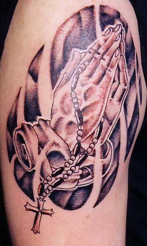 Praying Hands, Rosary & Cross tattoo. by Shahki Knott @ Southside Tattoo