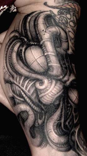 Comments: custom black and gray bio-mechanic tattoo