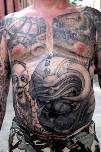 Paul Booth - Horned helmet demon stomach tattoo