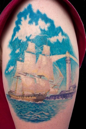 Randy Prause - ship and lighthouse. Large Image