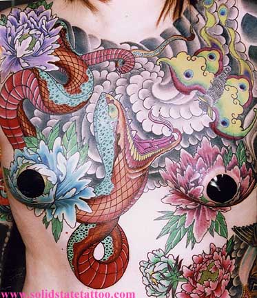 Traditional Japanese Tattoos snake moth peonies