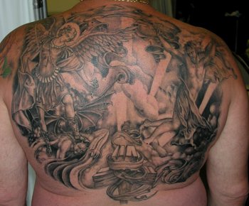 Religious Tattoos on Off The Map Tattoo   Tattoos   Black And Gray   Religious Backpiece