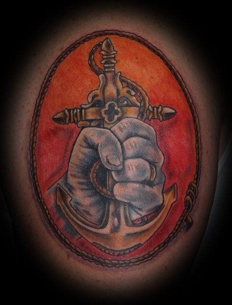 Tattooed Heart Studios : Tattoos : Memorial : fist,cross and anchor