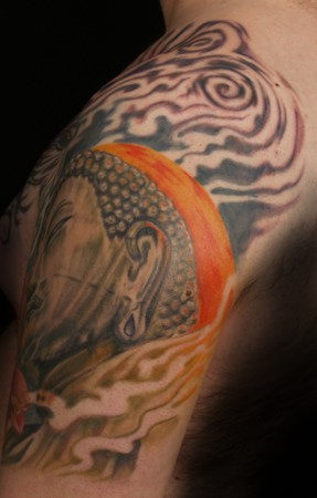 Buddha and Dragon Tattoo 3rd View. Placement: Arm