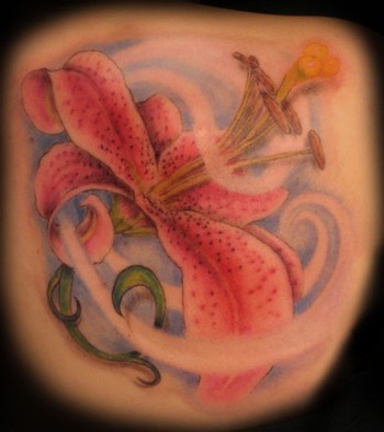 Stargazer Lily with Swirly Filigree Foliage Tattoo