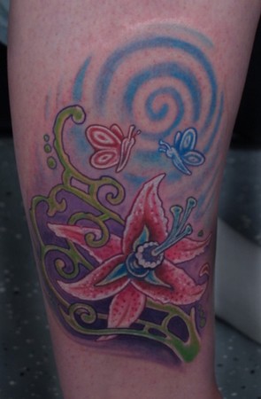 Tattoos Johnny Love Stargazer Lily with Filigree Foliage and Butterflies