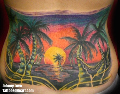 Tattooed Heart Studios : Tattoos : Johnny Love : palm trees in paradise