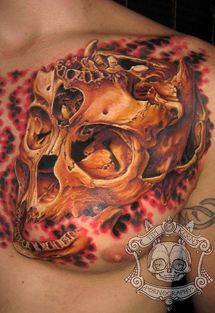 Best Design Unique Tattoo Neigh Skull chest pain in Men