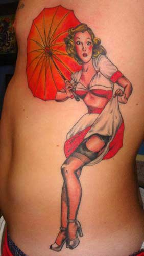 PinUp Girl With An Red Umbrella Tattoo