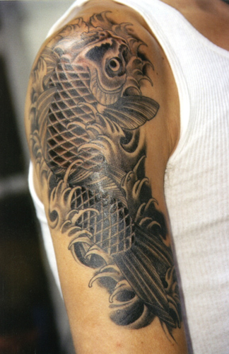 Troy Denning Black and Grey Japanese Fish koi and water tattoo