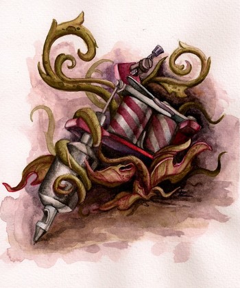 Comments: Tattoo machine being strangled by vines. Watercolor.