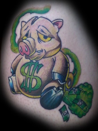 Pig farting money! Placement: Leg Comments: Color tattoos, animal tattoos, 