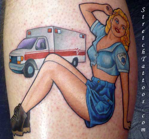 Old school pin up girl tattoo.