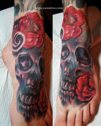 Flower Skull Foot Tattoo