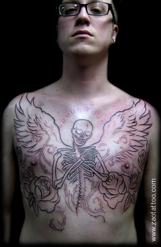 tattoo chest piece. angel chest piece.
