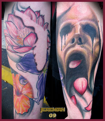 Awesome Lily Flower Tattoo Jeremiah McCabe - Creepy Mask and Pretty Flowers