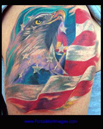 A flying eagle with American flag tattoo design on arm.