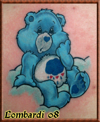 Care Bear "Grumpy". Placement: Arm Comments: this piece was really cool to 