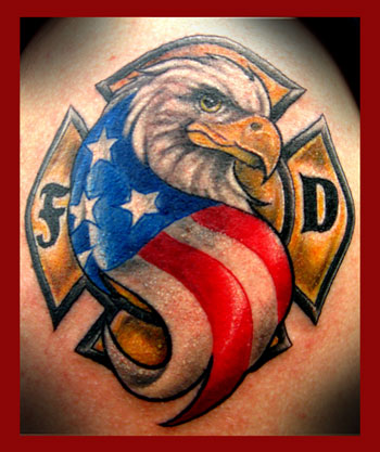 911 tattoo with angel and firefighter. He wanted to combine his patriotism 