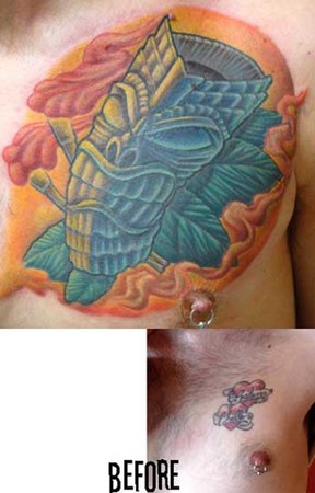 Comments: tiki head covering up an old tattoo of a ex's name, 