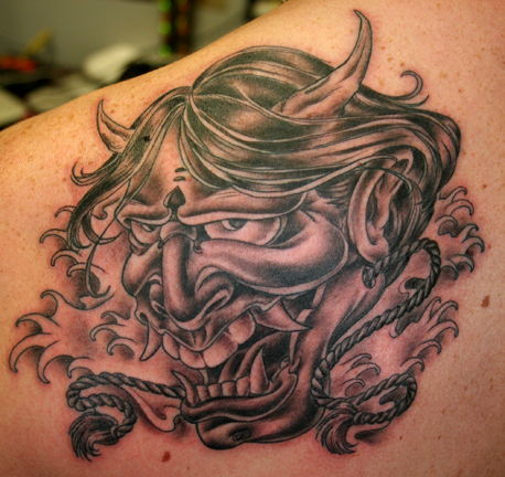 Hannya Mask Tattoo, Japanese Flower Tattoos. Tattoos Black and Gray.