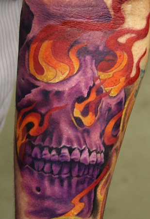 Purple Skull in Flames Tattoo