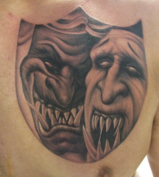 Tattoos Custom. Laugh now Cry later Masks (freehanded). Now viewing image 14 